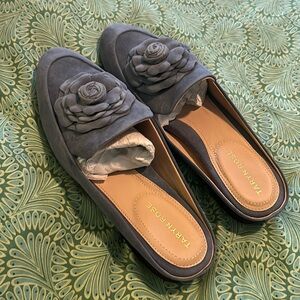 Taryn rose suede blue/grey (“denim color”) slip on loafer with rose detail